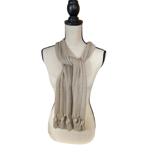 Talbots Metallic Knit Scarf With Knotted Tassel Ends Beige Gold Minimalist - Picture 3 of 9